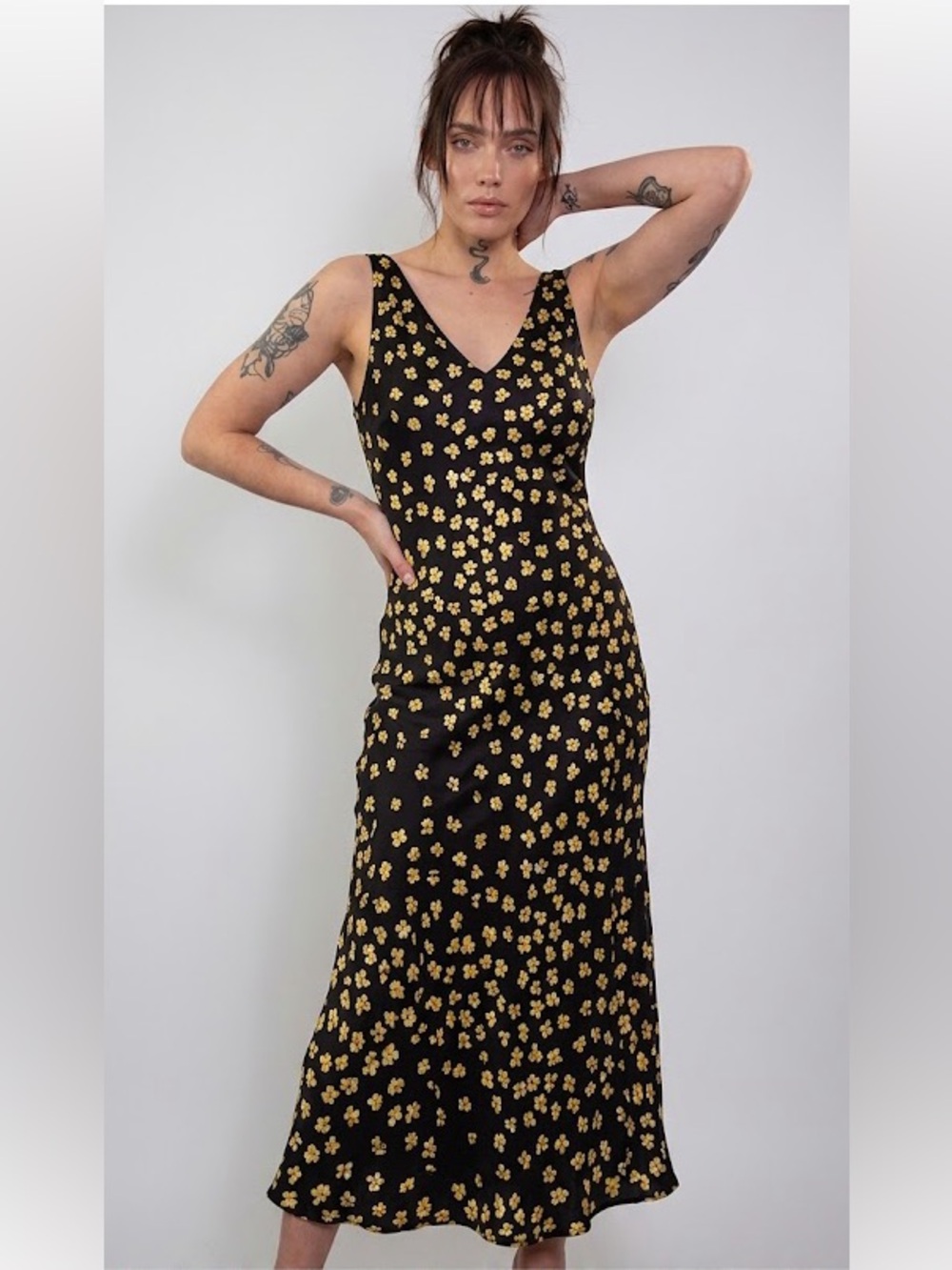 Anne Klein Black Maxi Dress with Gold Floral Print Size 8 Y2K 90’s